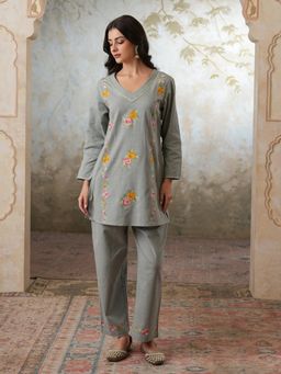 QAZMI - Grey Women Mehreen Kashmiri Linen Cotton Co-Ord Set