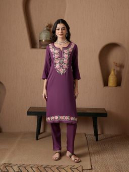 QAZMI - Purple Floral Aari Embroidered Viscose Rayon Co-Ord Set