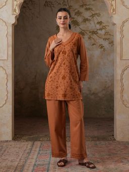 QAZMI - Brown Women's Kashmiri Aari Embroidered Co-Ord Set