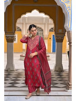 Mahee Jaipur - Red Block Print Gota and Sequence Muslin Kurta with Pant and Dupatta