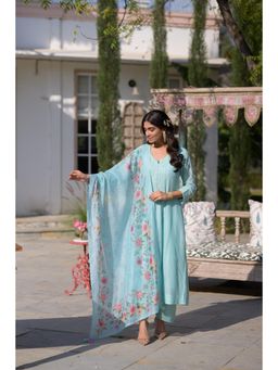 Mahee Jaipur - Powder Blue Lucknow Work Mul Chanderi Anarkali with Pant and Dupatta