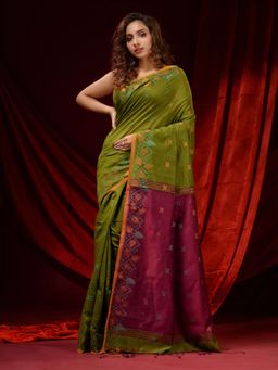 CHARUKRITI - Olive Green Blended Cotton Woven Buttas and Foliage Borders Saree with Unstitched Blouse