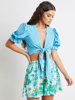 Styli - Multi-color Tie Front Puff Sleeves Shirt And Floral Shorts Co-ord Set (Set of 2)