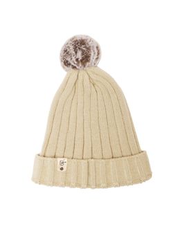 Bharatasya - Beige Ultra Soft Ribbed Pom-Pom Winter Cap