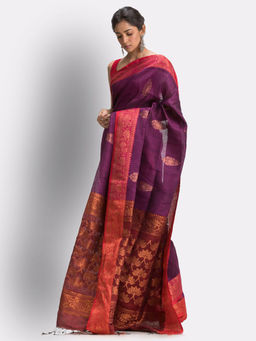 Angoshobha - Purple Handloom Traditional Tangail Linen Saree with Unstitched Blouse