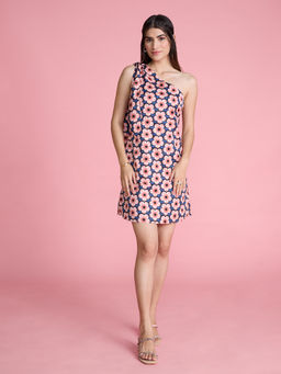Twenty Dresses by Nykaa Fashion - Peach And Blue Floral Print One Shoulder Short Dress