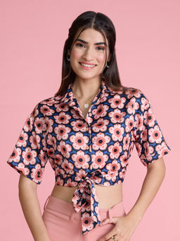 Twenty Dresses by Nykaa Fashion - Peach And Blue Floral Print Half Sleeves Crop Shirt