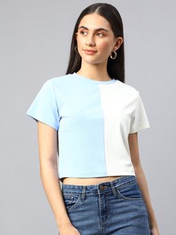 Xpose - Women Blue Colourblocked Round Neck Crop T-shirt