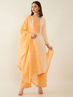 Soch - Off White And Peach Cotton Unstitched Dress Material - 3 Meter Kurta Fabric