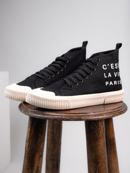Styli - Men High Top Slogan Print Casual Canvas Sneakers Black