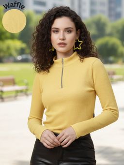 Oh Rare - Yellow Polyester Half Sleeves High Neck Textured Top