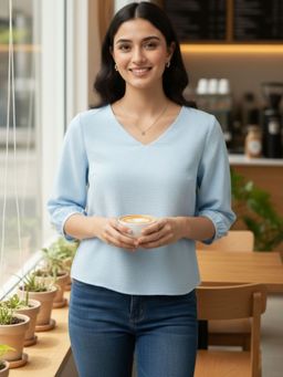 Oh Rare - Blue Polyester Three Fourth Sleeves V-Neck Solid Top