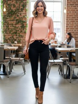 Oh Rare - Peach Polyester Three Fourth Sleeves V-Neck Solid Top