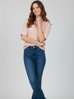 Oh Rare - Peach Polyester Half Sleeves V-Neck Textured Top