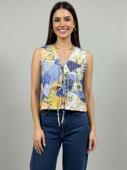 Oh Rare - Multi-Color Polyester Sleeveless V-Neck Printed Top