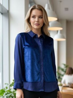 Oh Rare - Navy Blue Velvet Full Sleeves Collar Neck Solid Top