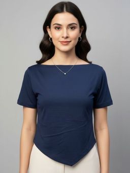 Oh Rare - Navy Blue Polyester Half Sleeves Boat Neck Solid Top