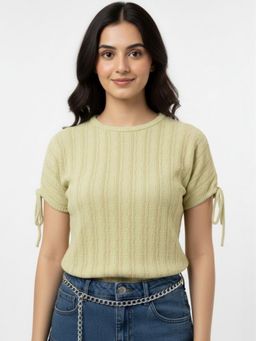 Oh Rare - Green Polyester Half Sleeves Round Neck Textured Top