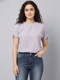 Oh Rare - Lavender Polyester Half Sleeves Round Neck Textured Top
