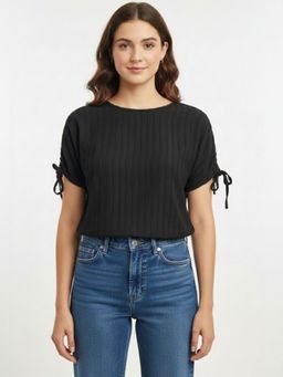 Oh Rare - Black Polyester Half Sleeves Round Neck Textured Top