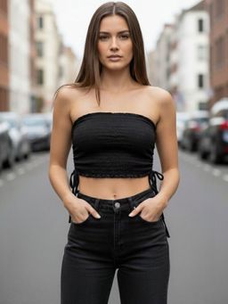 Oh Rare - Black Polyester Half Sleeves Tube Textured Crop Top