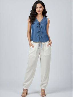 Oh Rare - Blue Denim Sleeveless V-Neck Solid Top