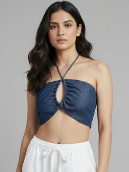 Oh Rare - Blue Denim Sleeveless Halter Neck Solid Crop Top
