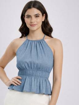 Oh Rare - Blue Denim Sleeveless Halter Neck Solid Top