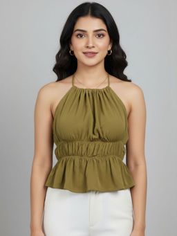 Oh Rare - Olive Polyester Sleeveless Halter Neck Solid Top