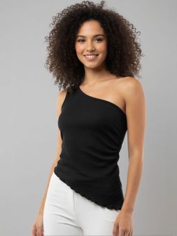 Oh Rare - Black Polyester Sleeveless One Shoulder Solid Top