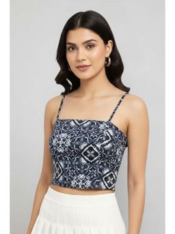 Oh Rare - Black Polyester Sleeveless Shoulder Straps Printed Crop Top