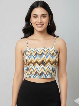 Oh Rare - Off White Polyester Sleeveless Shoulder Straps Printed Crop Top