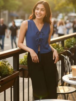 Oh Rare - Blue Viscose Sleeveless V-Neck Solid Top