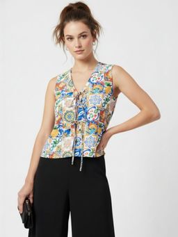 Oh Rare - Multi-Color Polyester Sleeveless V-Neck Printed Top