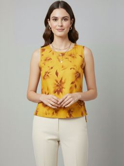 Oh Rare - Mustard Rayon Sleeveless Round Neck Printed Top