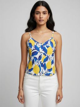Oh Rare - Blue Rayon Sleeveless Shoulder Straps Printed Top