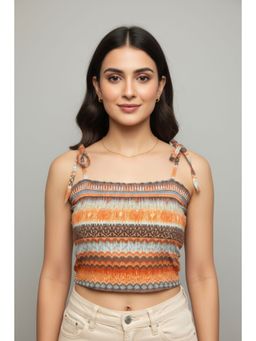 Oh Rare - Orange Rayon Sleeveless Shoulder Straps Printed Crop Top