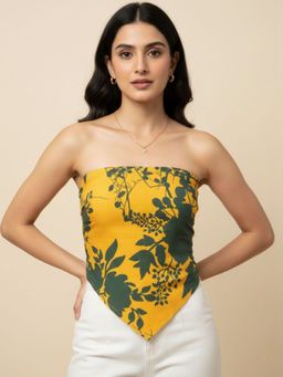 Oh Rare - Yellow Polyester Sleeveless Tube Printed Top