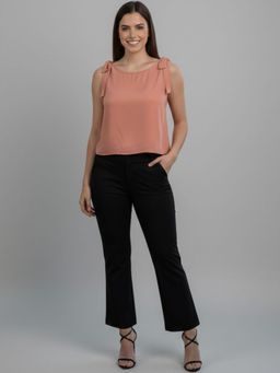 Oh Rare - Peach Polyester Sleeveless Boat Neck Solid Top