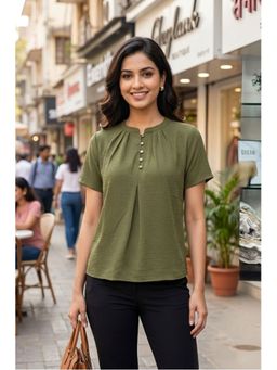 Oh Rare - Olive Polyester Half Sleeves Mandarin Neck Solid Top