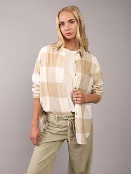 American Eagle - Women Khaki Oversized Plaid Flannel Shirt