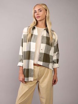 American Eagle - Women Olive Daze Oversized Plaid Flannel Shirt