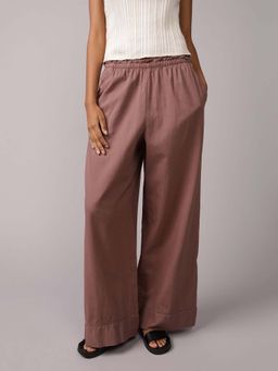 American Eagle - Brown Cotton Blend Wide Leg Solid Trouser