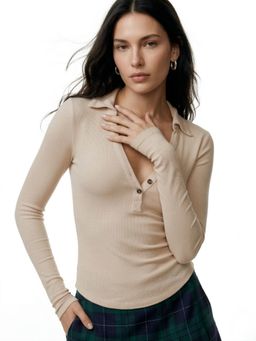 Outzidr - Biege Full Sleeve Collar Neck Top