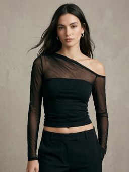 Outzidr - Black Full Sleeves Asymmetrical Slim Crop Top