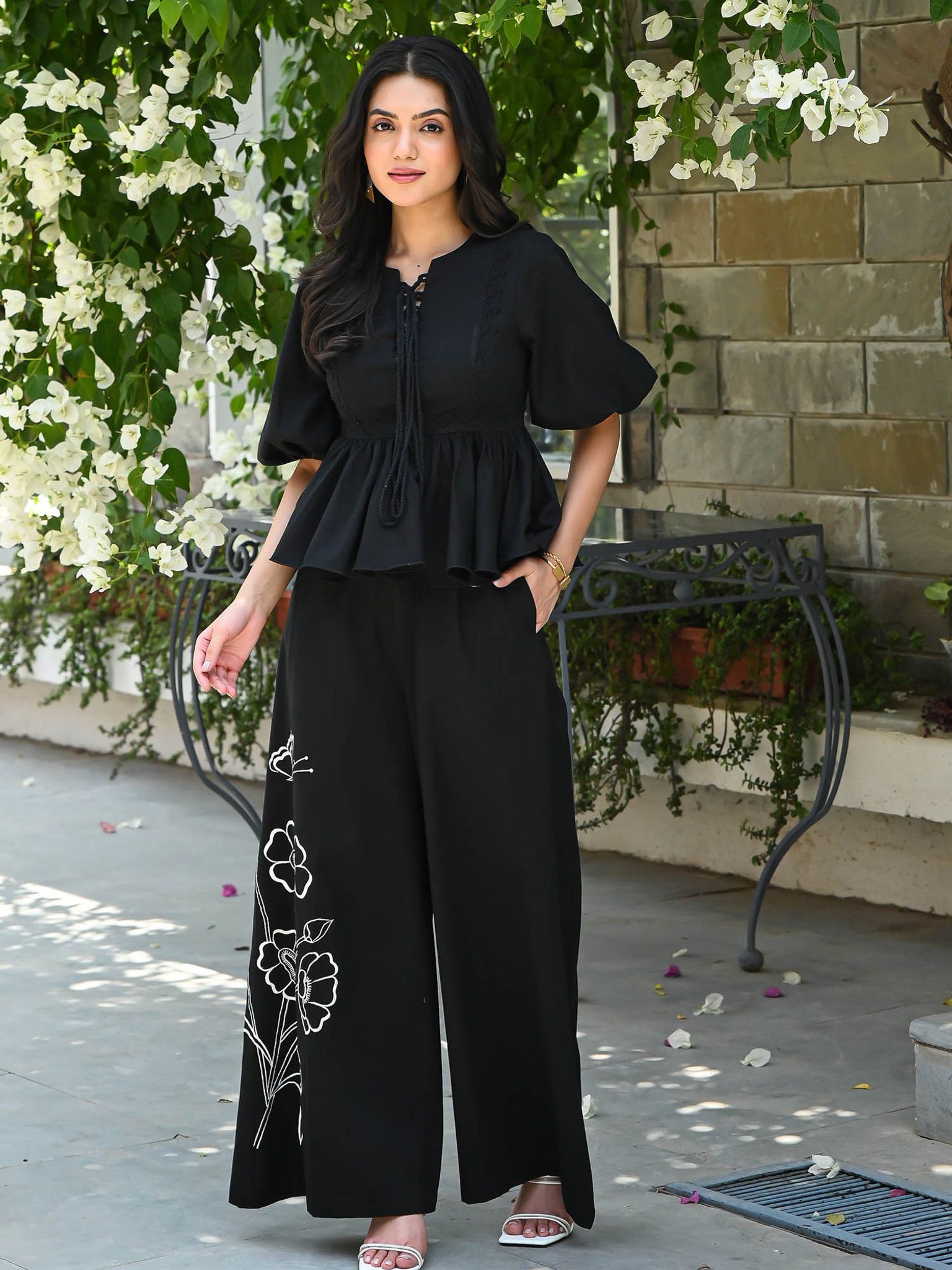 Women Jet Black Embroidered Chic Co-Ord Woman office Dress