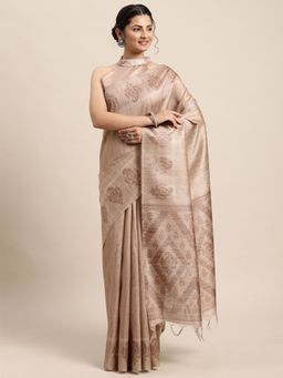 Odette - Womens Silk Blend Beige Printed Designer Saree with Unstitched Blouse