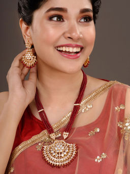 Saraf RS Jewellery - Gold Plated Polki Red Mala Beaded Rani Har Jewellery (Set of 2)