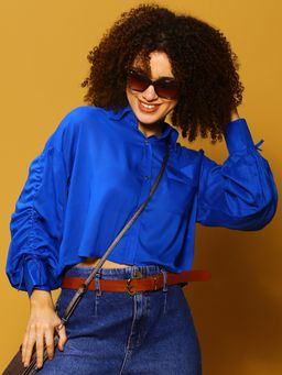 Sera - Women Blue Solid Button Crop Shirt Style Top