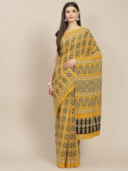 Yufta - Women Mustard Ajrak Print Saree with Unstitched Blouse